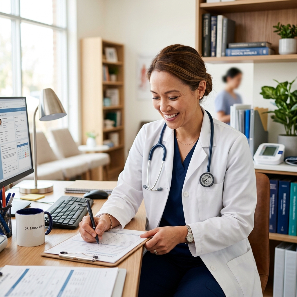 Doctor writing on clipboard